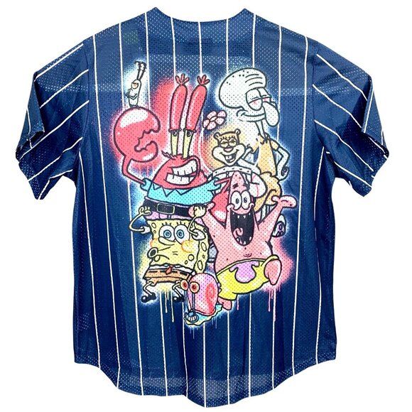 Nickelodeon SpongeBob SquarePants Baseball Jersey Shirt Mens Pinstripe Blue XL - Picture 1 of 6